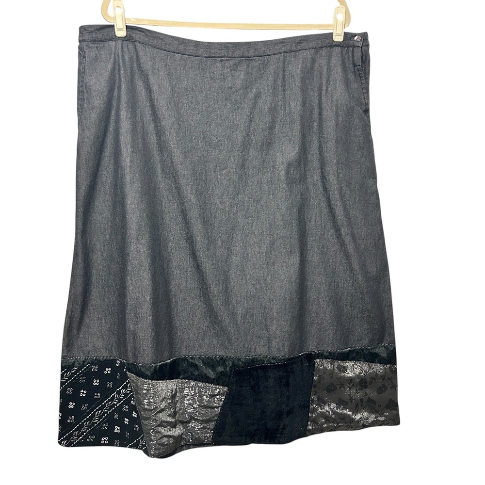 Liz Me Womens Denim Maxi Skirt 3X Black Patchwork Hem Boho Western Cowgirl Retro